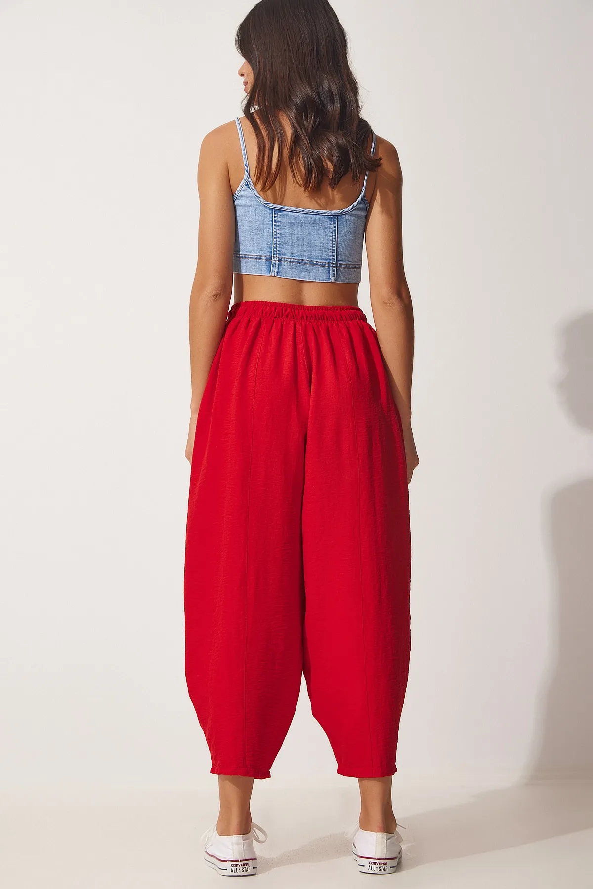 Happiness İstanbul  Rote Shalwar-Hose aus Leinenviskose für Damen mit Taschen CV00001