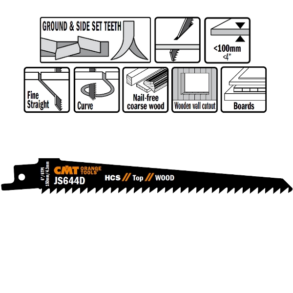 Lame de ferăstrău sabie CMT JS644D-5 JS644D, 5 bucăți HCS 150mm x 1, 25 x 6TPI, lemn de construcție, pereți din lemn, scânduri, PAL, MDF, placaj, plastic