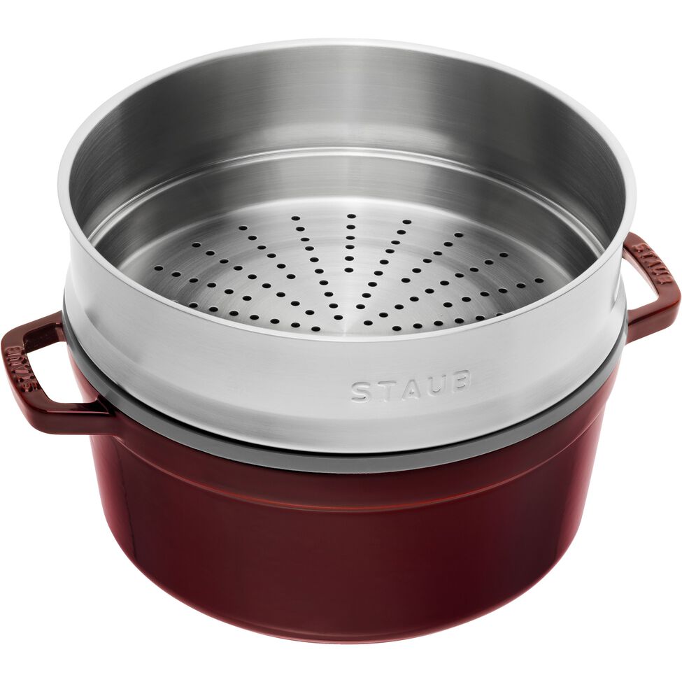 Cocotte mit Dämpfeinsatz 26 cm, rund, Grenadine-Rot, Gusseisen