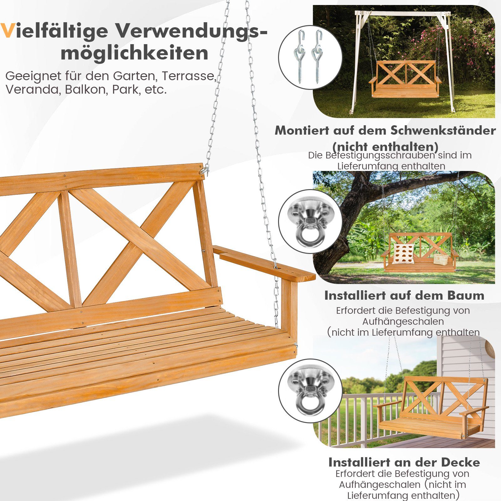 COSTWAY Hollywoodschaukel Hängebank, 2,00-Sitzer, aus Holz, bis 240kg