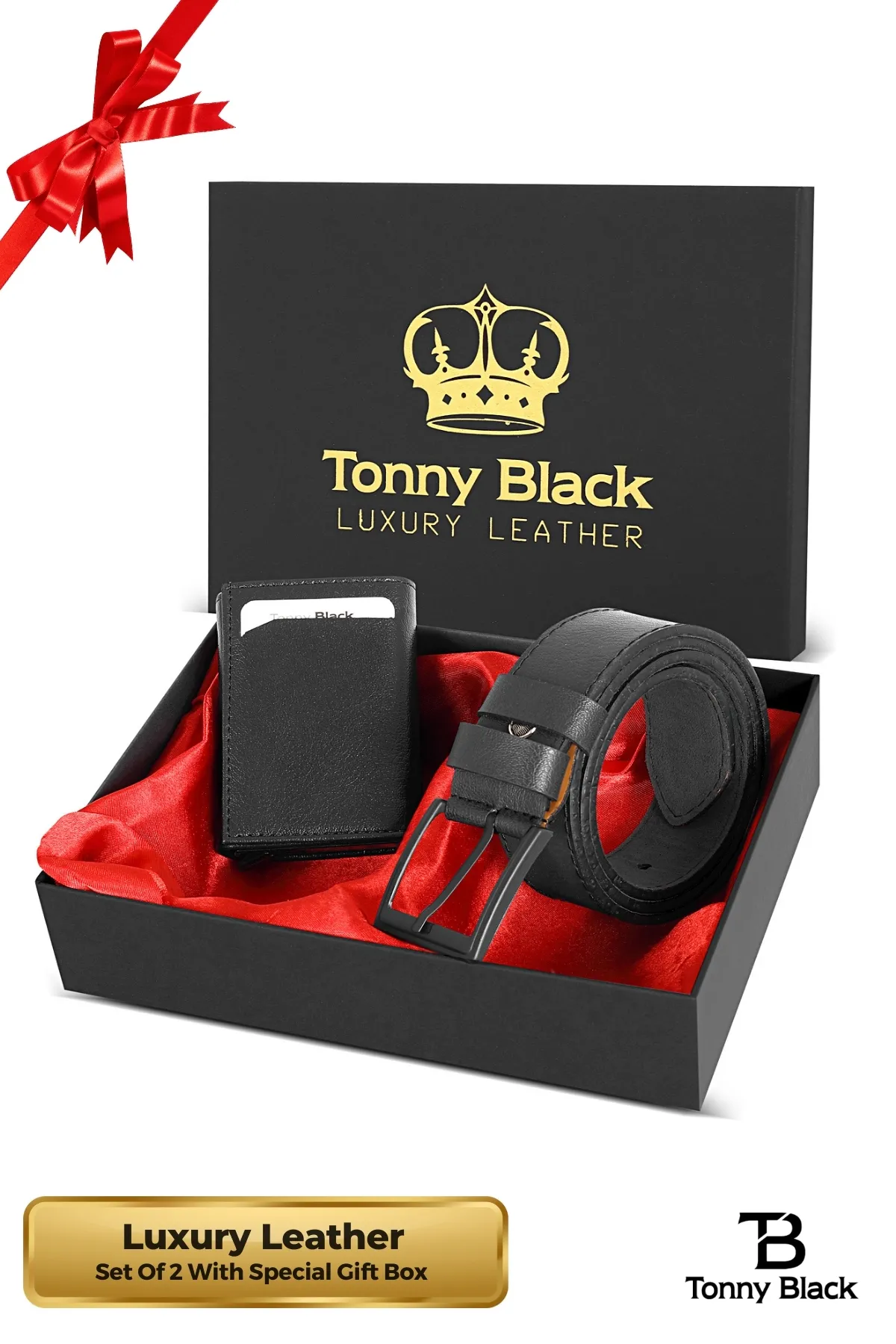Tonny Black  Original Herren-Geschenkset mit 2 Stück, Luxus-Serie, stilvolles Portemonnaie mit Automatikmechanismus, Gürtel-Set