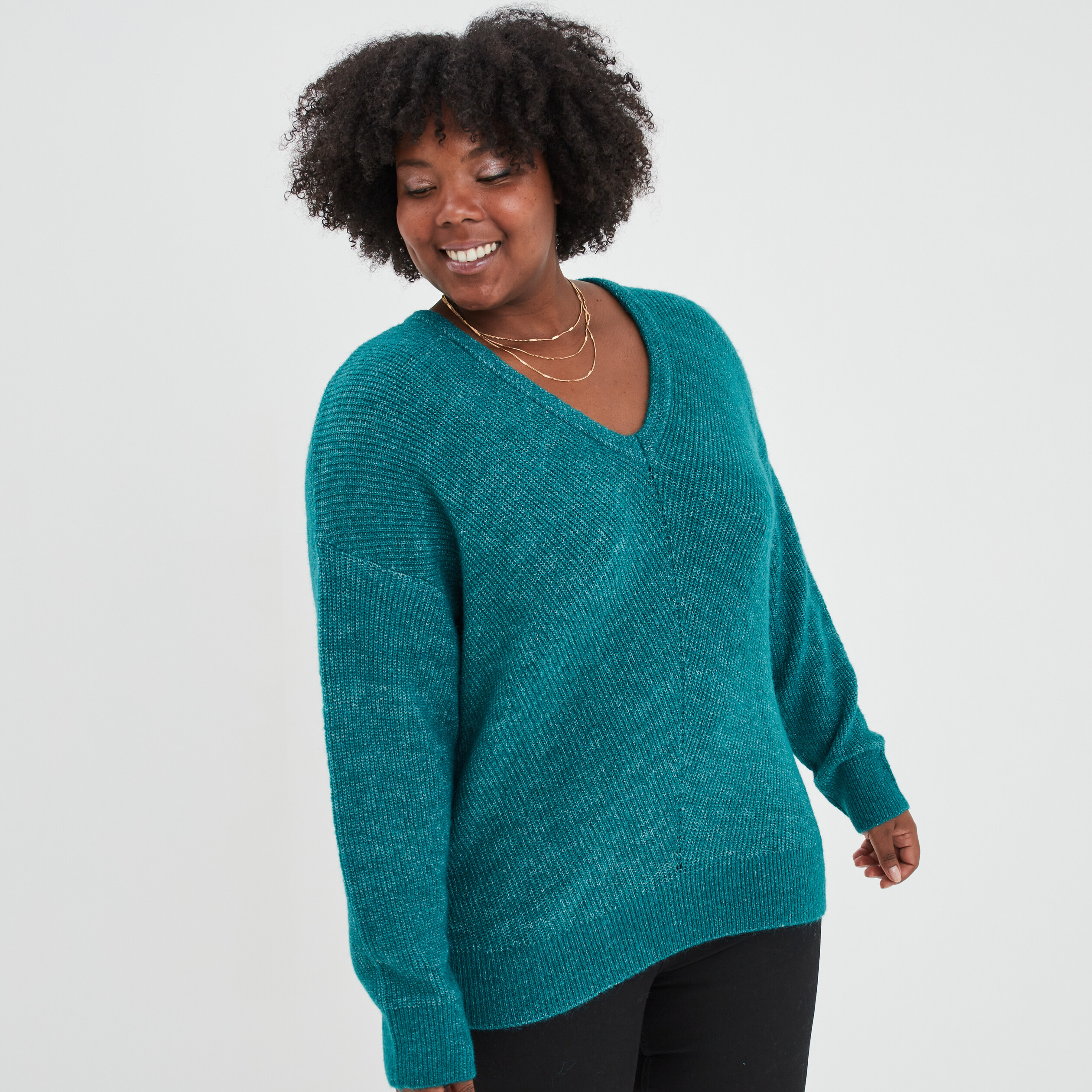 Pull manches chauves-souris col en V bleu canard femme grande taille | La Halle