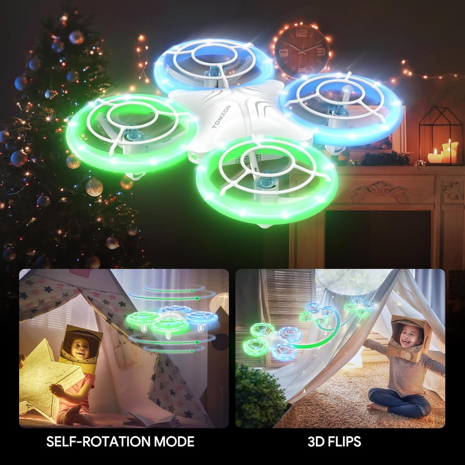 Tomzon Mini Drohne für Kinder, Blauen und Grünen LED Lichter Drohne (Fliege mit Leichtigkeit: 2 Akkus, 3D-Flip, Kopflos-Modus, für Anfänger)