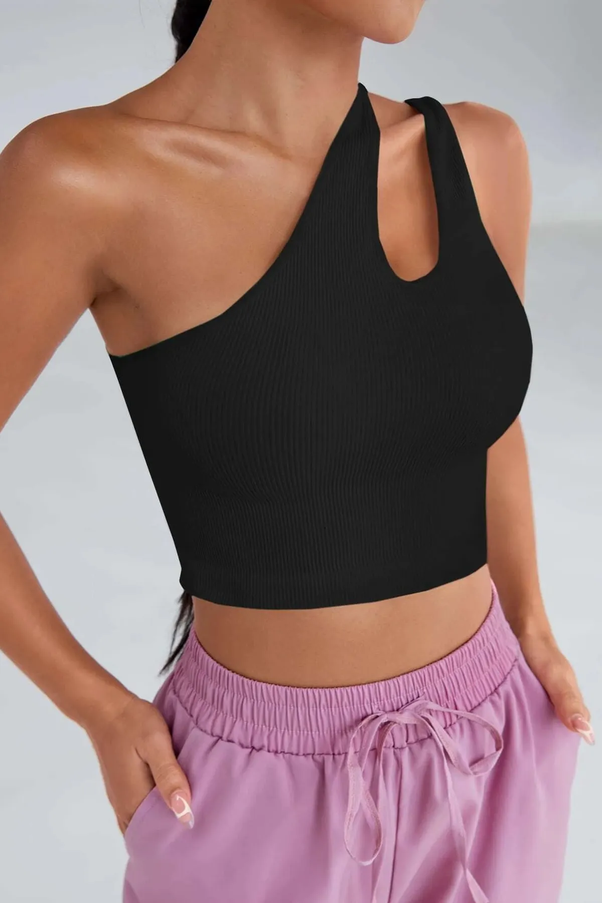 Imoda  Schwarze One-Shoulder-Ausschnitt-Crop-Top-Bluse für Damen