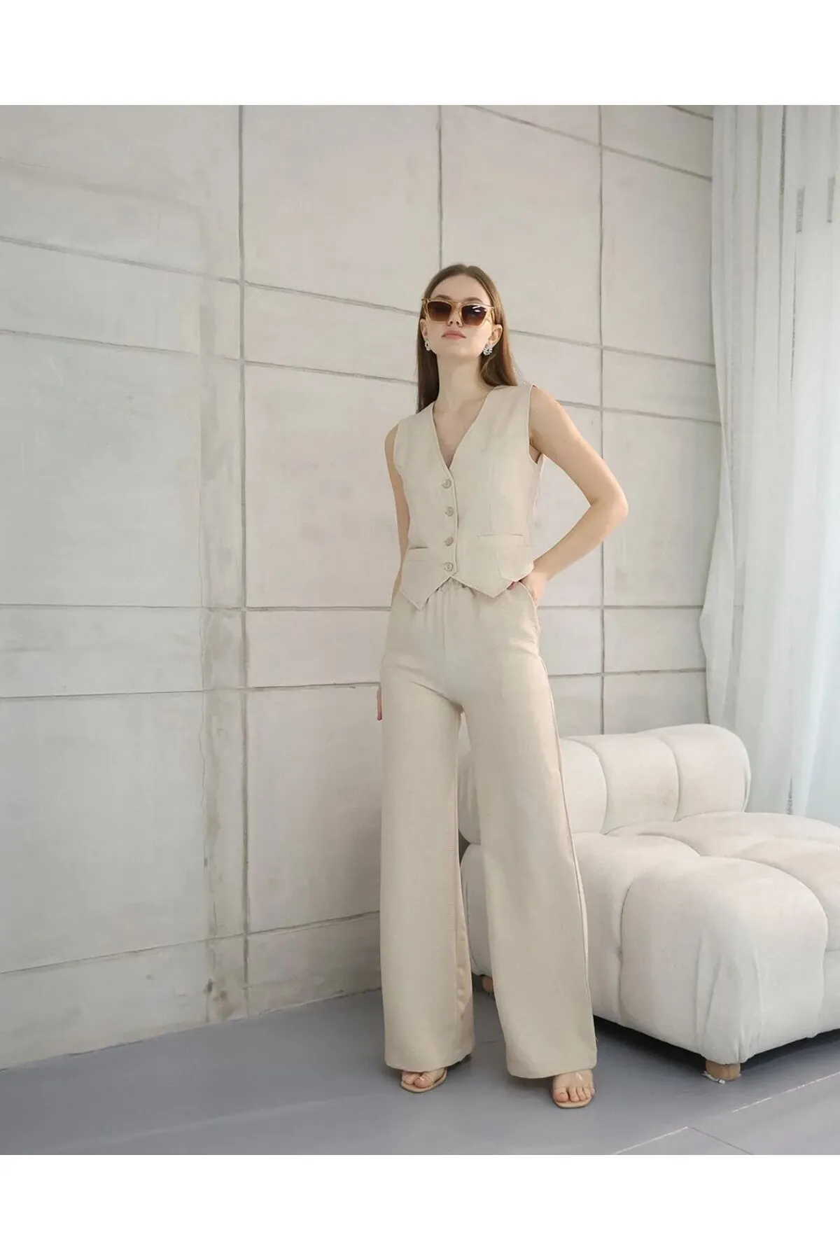 ZF BUTİK  Sofia Leinen - Set aus Weste und Hose mit Taschen