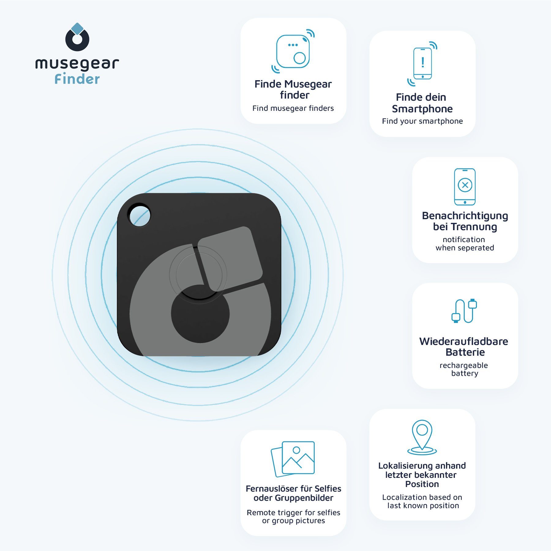 musegear Bluetooth®-Sender Wiederaufladbarer Schlüsselfinder mit Bluetooth App aus Deutschland, Zubehör für iOS/ Android Handys