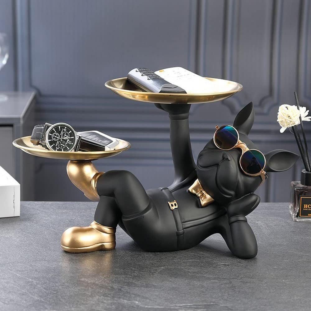 Sarfly Dekofigur Tierskulptur Hunde Skulptur Harz Deko Skulptur Desktop Ornament (1 St., 23.5x20x20cm (Schwarz), Bulldogge Tablett Deko Französische Bulldogge Dekofigur