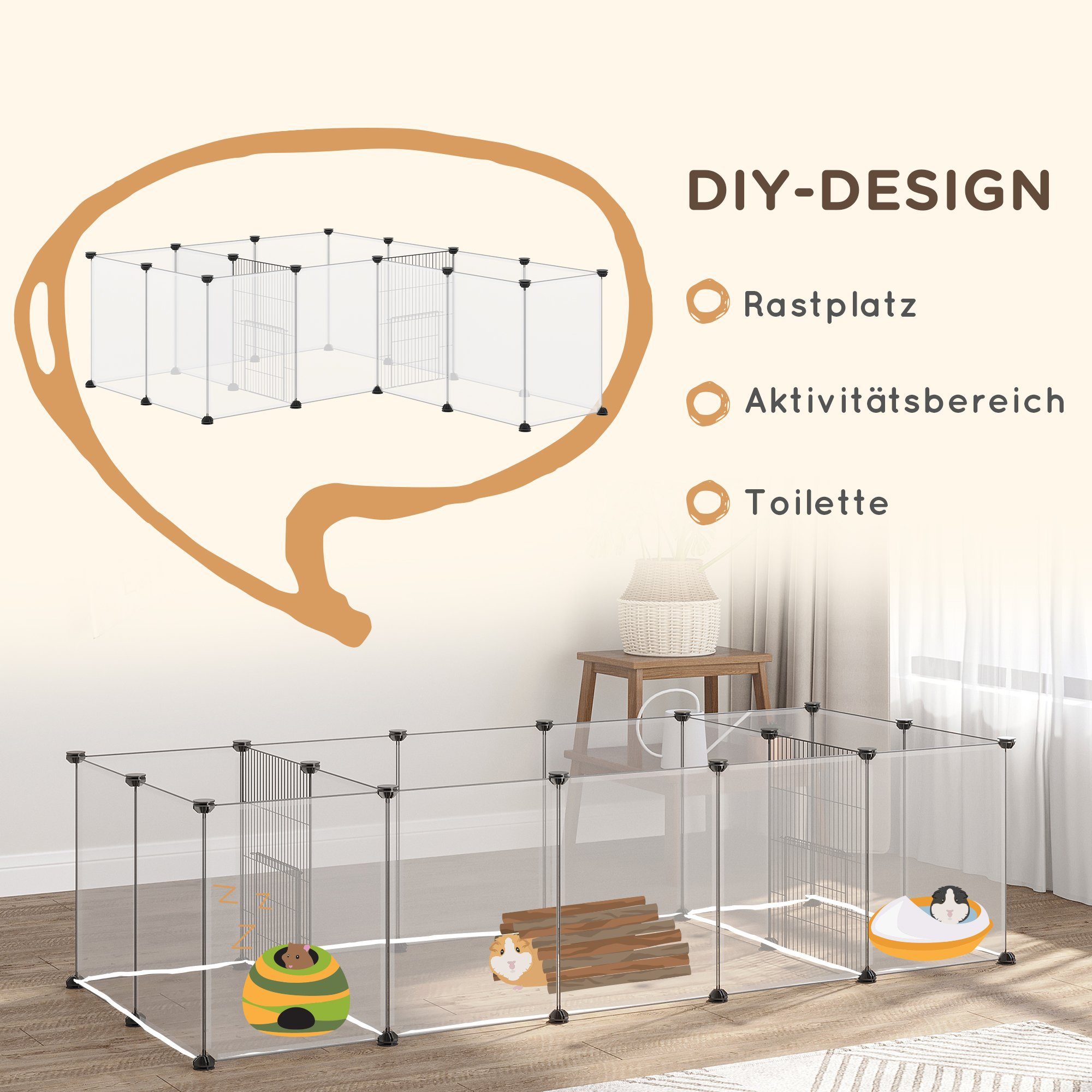 PawHut Kleintierkäfig Freigehege, DIY Kleintiergehege, Stahl, PP-Harzplatte, Weiß, 175L x 70B x 45H cm
