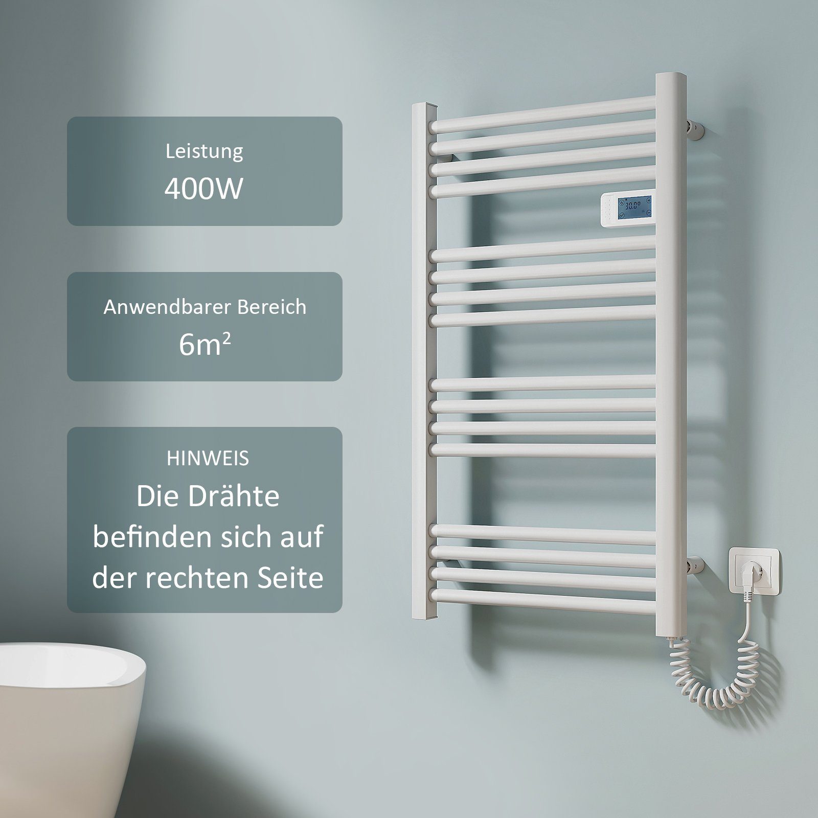 EMKE Elektrischer Badheizkörper Elektrisch mit Intelligenten Thermostat Gerade mit Seitenanschluss, Handtuchwärmer aus Aluminium Handtuchtrockner mit Heizstab