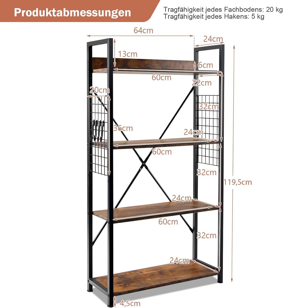 Costway Bücherregal Industriell, Standregal mit 4 Ebenen