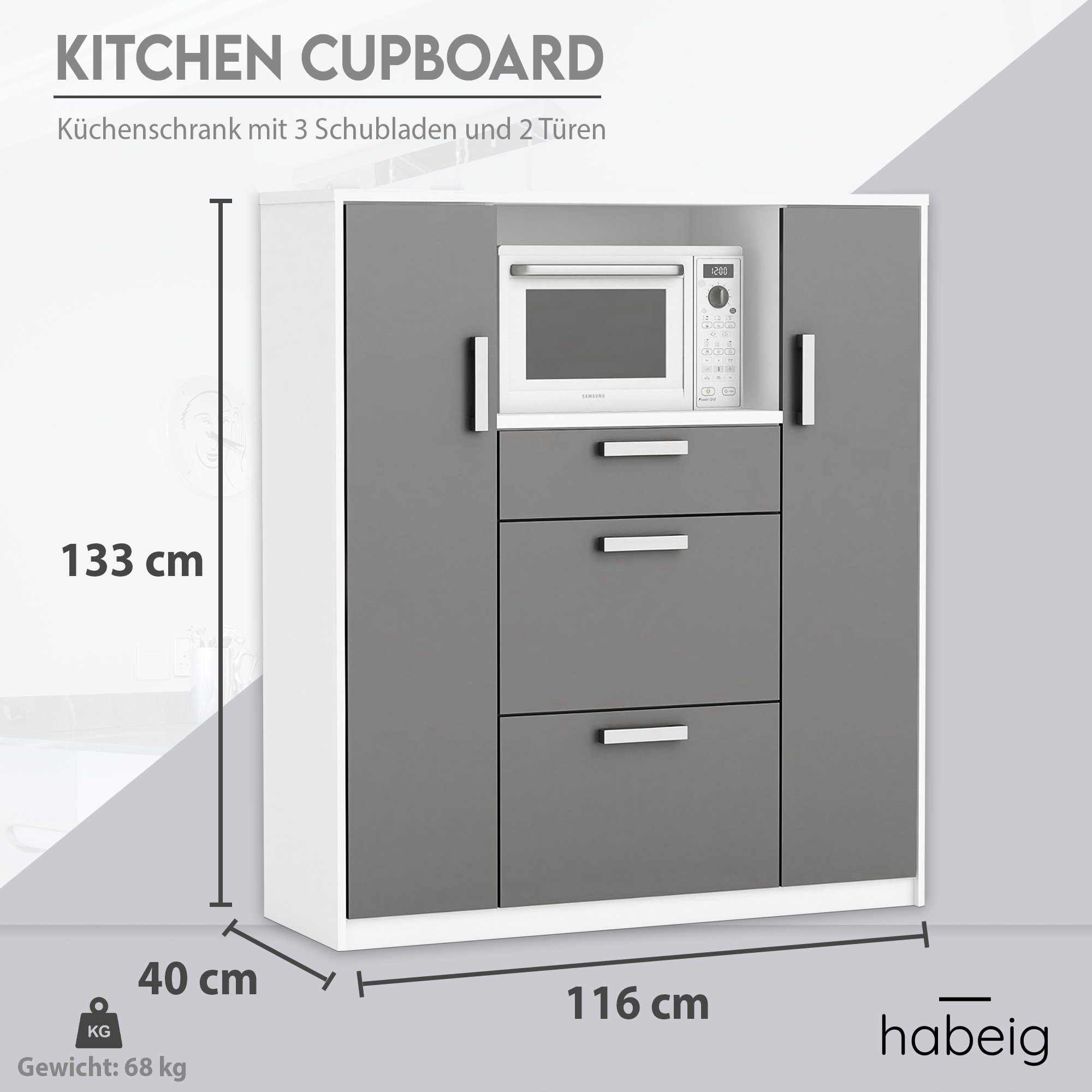 habeig Küchenbuffet Küchenschrank Singleküche Küchenregal Schrank Küche Küchenbuffet Schubladen auf Rolllaufleisten aus Metall