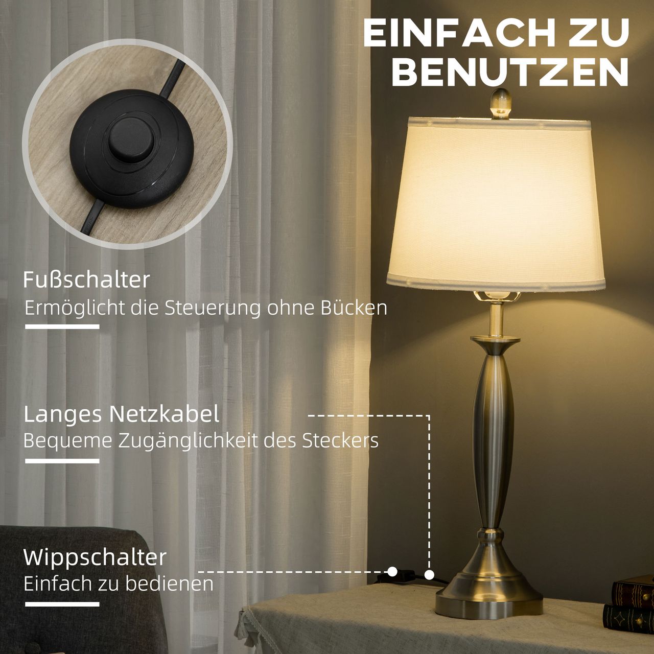 HOMCOM 3-teiliges Leuchten-Set inkl.1 Stehleuchte, 2 Tischleuchte, Silber Weiß