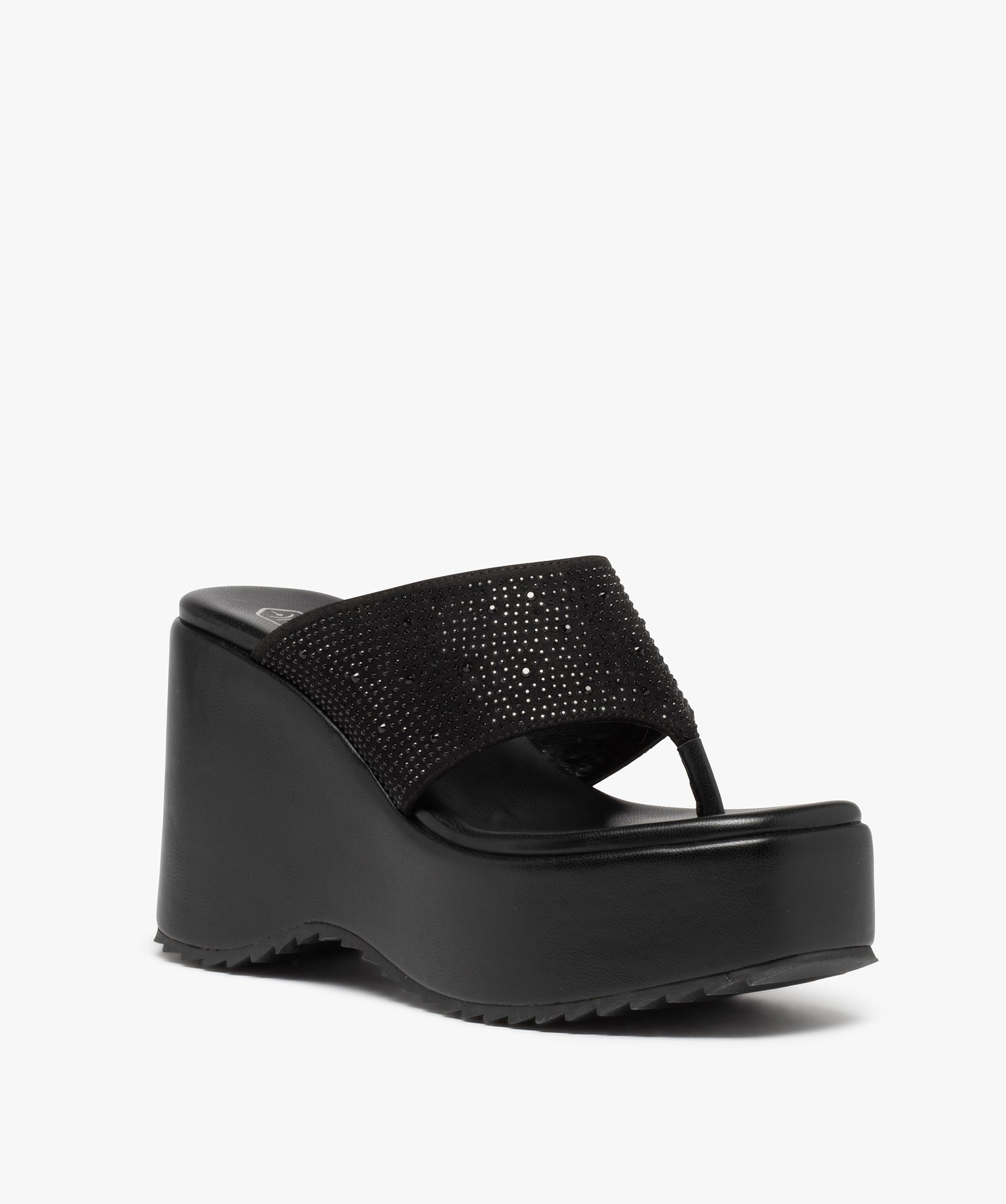 Mules femme compensées à entre-doigts orné de strass noir | GEMO
