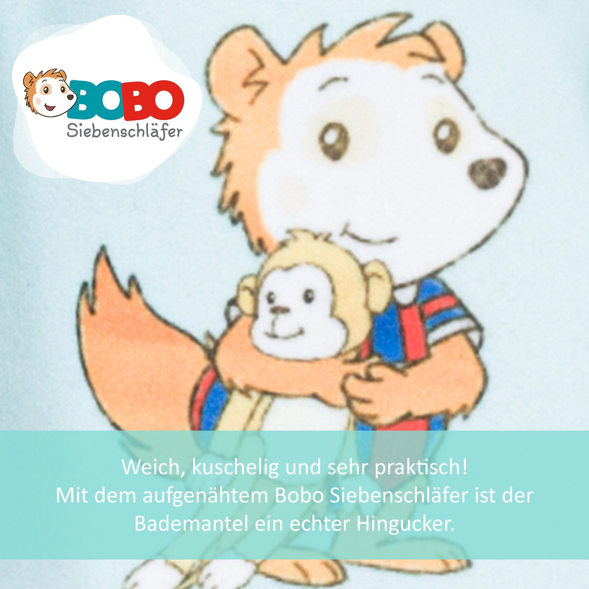 Smithy Kinderbademantel mit Bobo Siebenschläfer, Velours-Frottee, Kapuze, Gürtel, Knöpfe, made in Europe