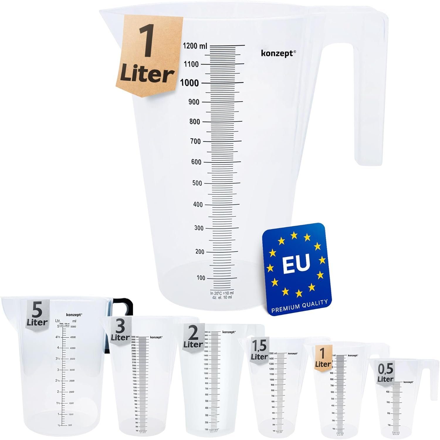KONZEPT Messbecher Verschiedene Größen zur Wahl, (Litermaß, Kunststoff), Ideal für Küche, Garten, Werkstatt, Transparent