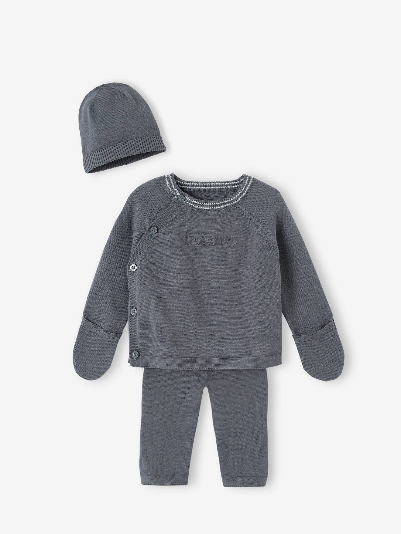 Vertbaudet Baby Strick-Set: Cardigan, Leggings & Mütze Oeko-Tex - schiefergrau