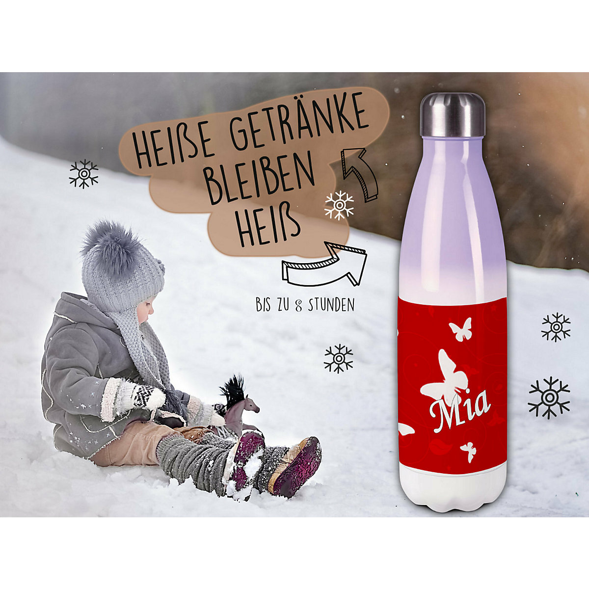 Edelstahl Kinder Thermoflasche / Trinkflasche bunt Schmetterling Ornamente Farbe rot Spülmaschinenfest, Auslaufsicher, Bruchfest, Doppelwandig, Für Heißgetränke geeignet, Mit Deckel, Isoliert