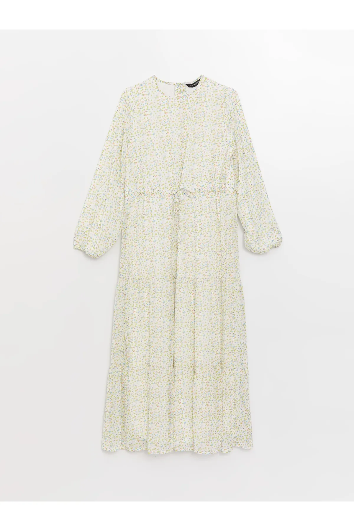 LC Waikiki  Gemustertes Chiffon-Damenkleid mit langen Ärmeln und Rundhalsausschnitt