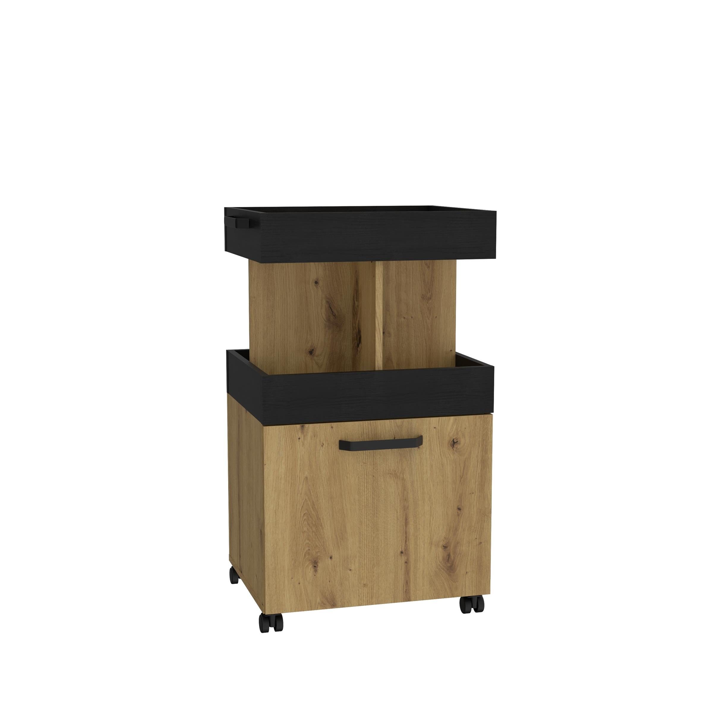 möbelando Barschrank Hydra Barschrank im modernen Industrial-Design aus Spanplatte in Artisan Eiche Nachbildung / Schwarz Eiche Nachbildung mit 1 Holztür, 1 Ablageboden, 4 offenen Fächern und 4 Rollen. Breite 50,2 cm, Höhe 88,5 cm, Tiefe 41,1 cm