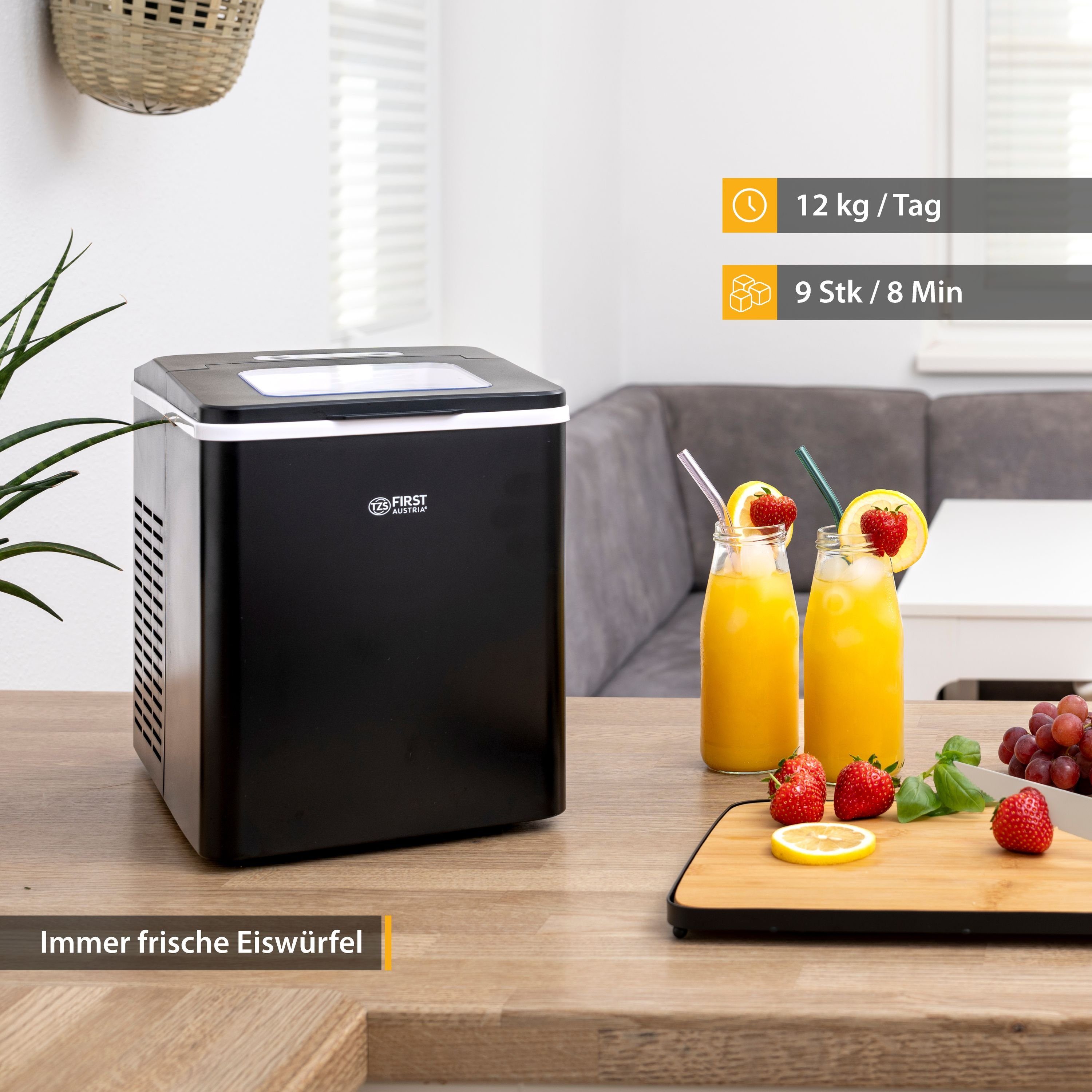 TZS FIRST AUSTRIA Eiswürfelmaschine Eiswürfelmaschine, Edelstahl Ice Cube Maker, 9 Würfel in 7-9 Minuten, Würfel S/L, 12kg 24 Std, Eiswürfelbereiter 1,8 L, 150W, LED Display