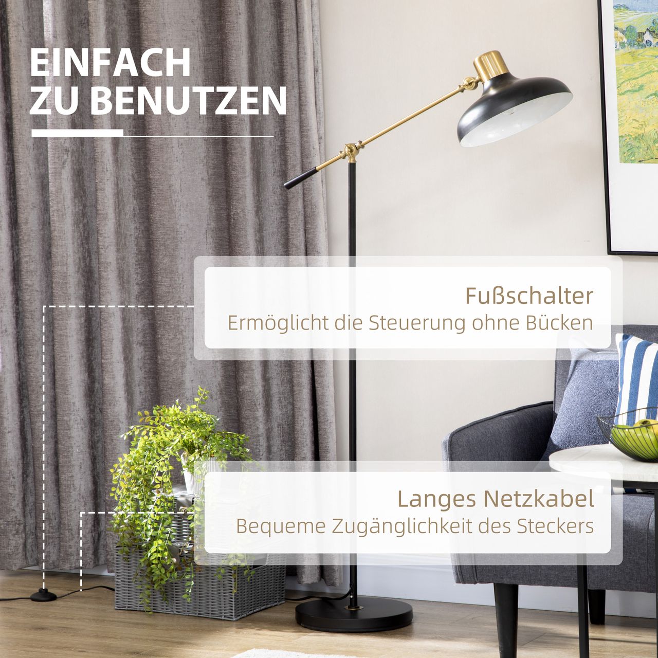 HOMCOM Stehlampe, Höhenverstellbaerr Standlampe, 40 W schwenkbar Stehleuchte