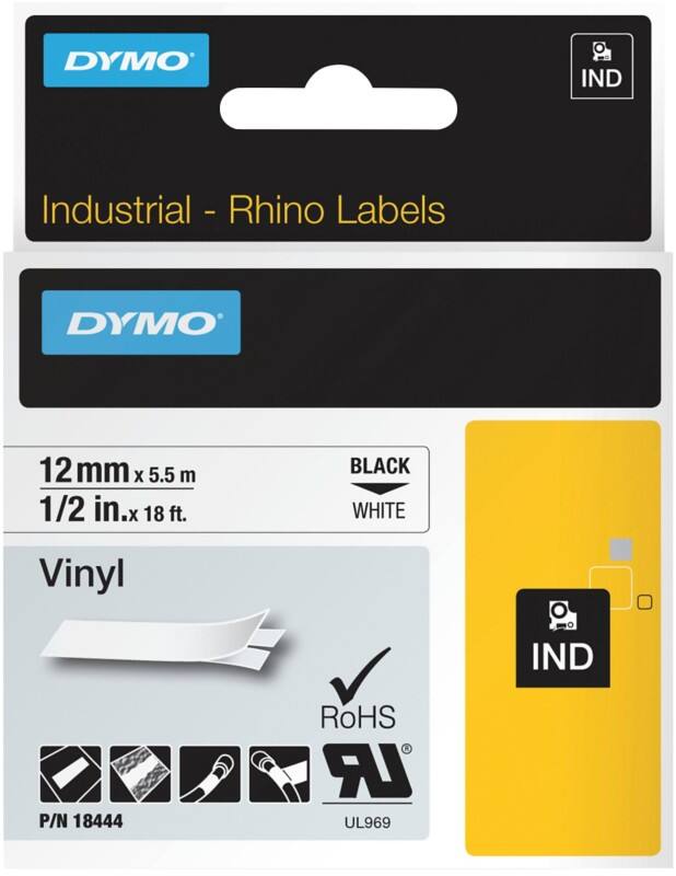 Dymo IND S0718600 / 18444 Authentic Rhino Vinyl Schriftband Selbstklebend Schwarzer Druck auf Weiß 12 mm x 5.5m