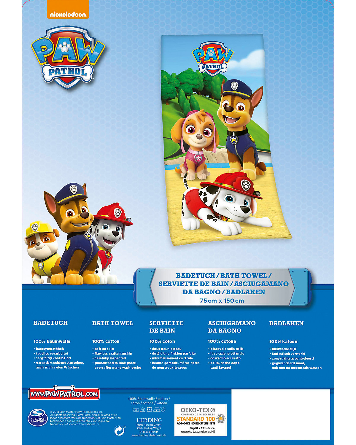 Strand- & Badetuch PAW Patrol, Velourstuch 75 x 150 cm