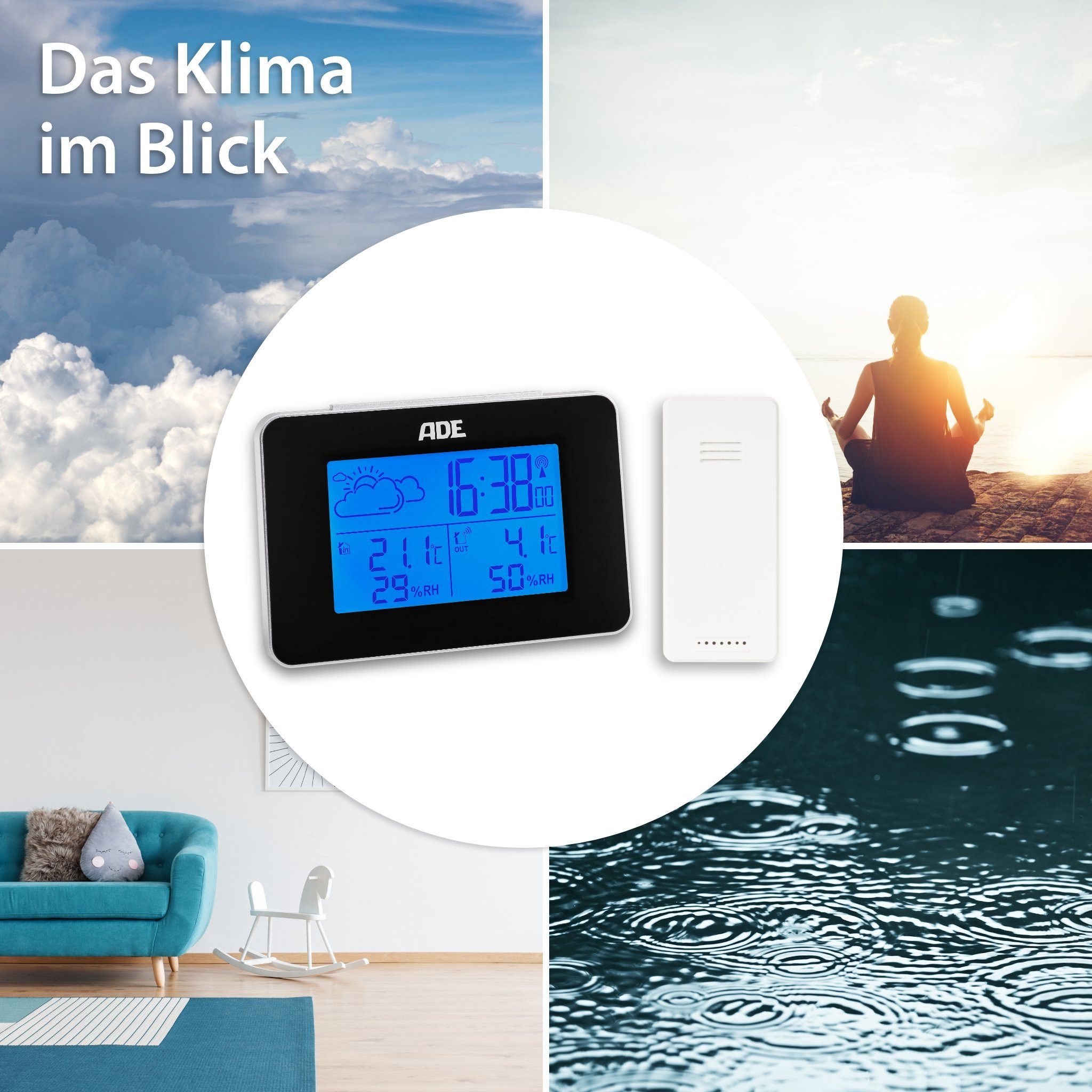 ADE Wetterstation für drinnen und draußen Funkwetterstation (mit Außensensor, animierte Wettervorhersage, mit Luftfeuchtigkeitsmessung)