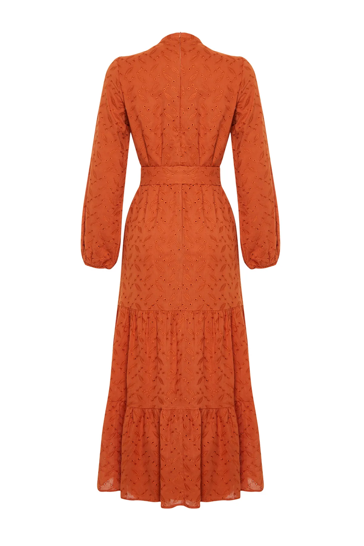 Trendyol Modest  Zimtfarbenes, gewebtes Kleid mit Stehkragen, Stickerei und Spitzenfutter TCTSS24EB00053