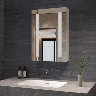 AQUALAVOS Badezimmerspiegelschrank Bad Spiegelschrank mit LED Kaltweiß Beleuchtung IR Sensor Wandschrank 50x70 cm, mit 1 Türig, Doppelseitige Glasspiegel, Soft-Close-Funktion