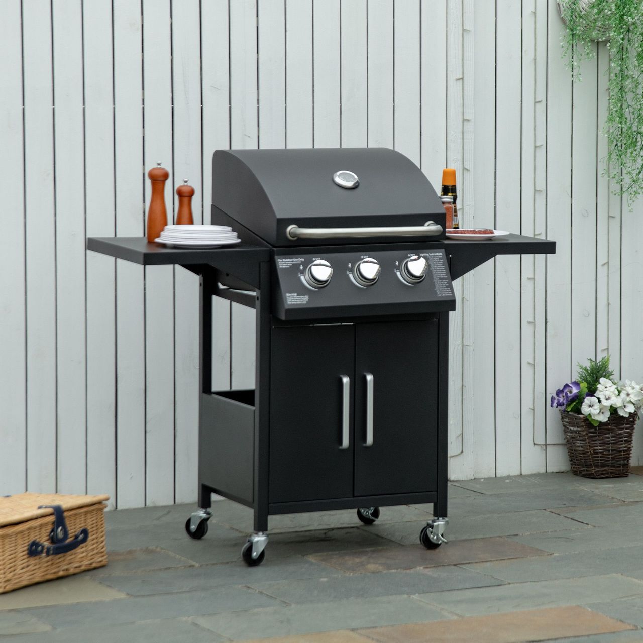 Outsunny Gasgrill BBQ mit 3 Brennern je 3 kw mobiler Grillwagen mit 4 Rädern Grillnetz Seitentischen Druckminderer Schläuche Schrank Multifunktion Stahl Schwarz 121 x 55 x 109 cm