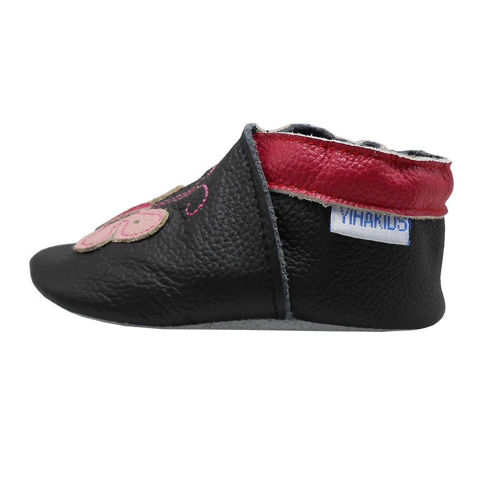 Yalion Weiche Leder Lauflernschuhe Hausschuhe Lederpuschen Schwarz Krabbelschuh