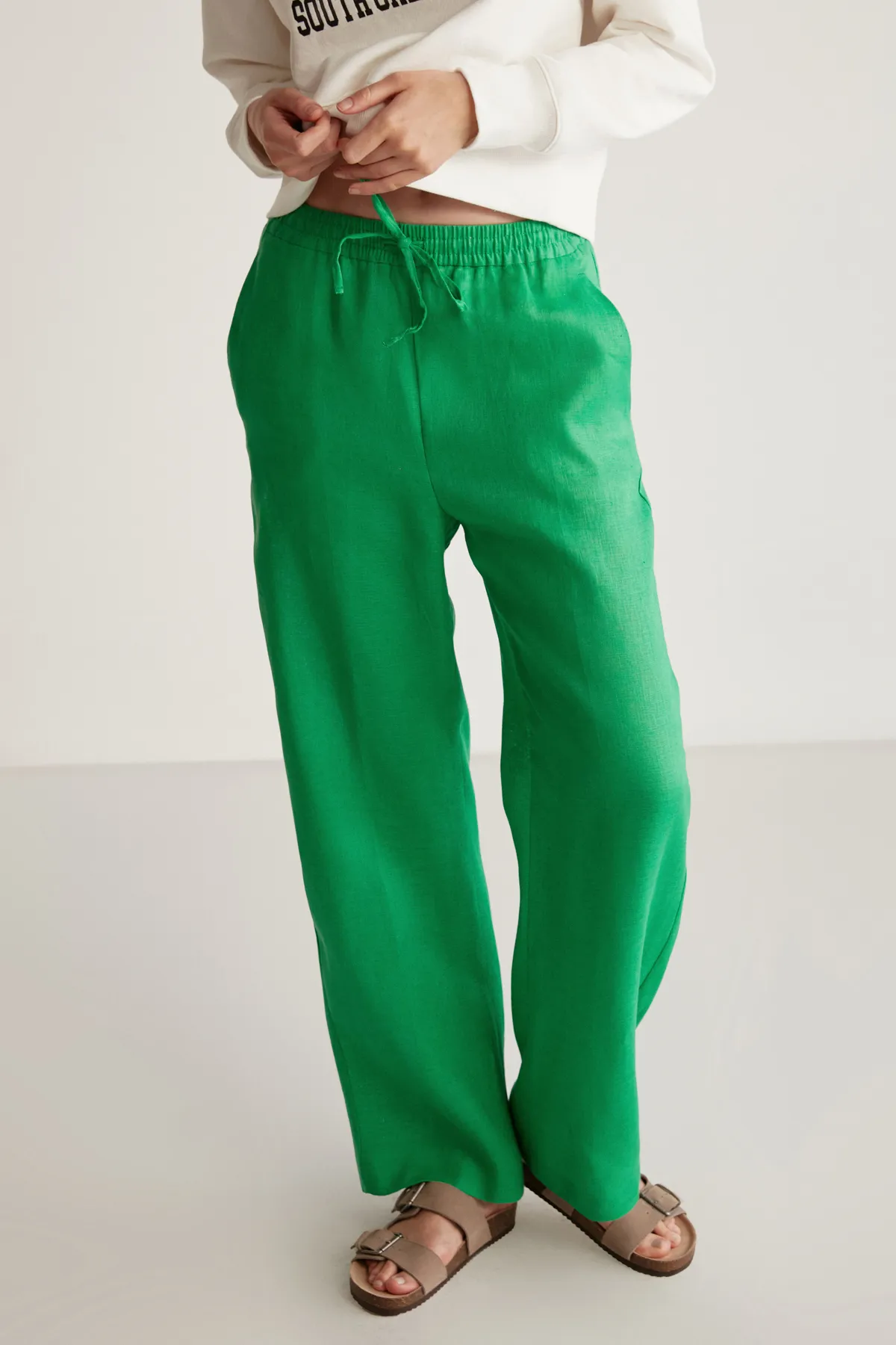 GRIMELANGE  Sadıe Damen-Hose aus 100 % Leinen, entspanntes Muster, grün, mit elastischem Bund