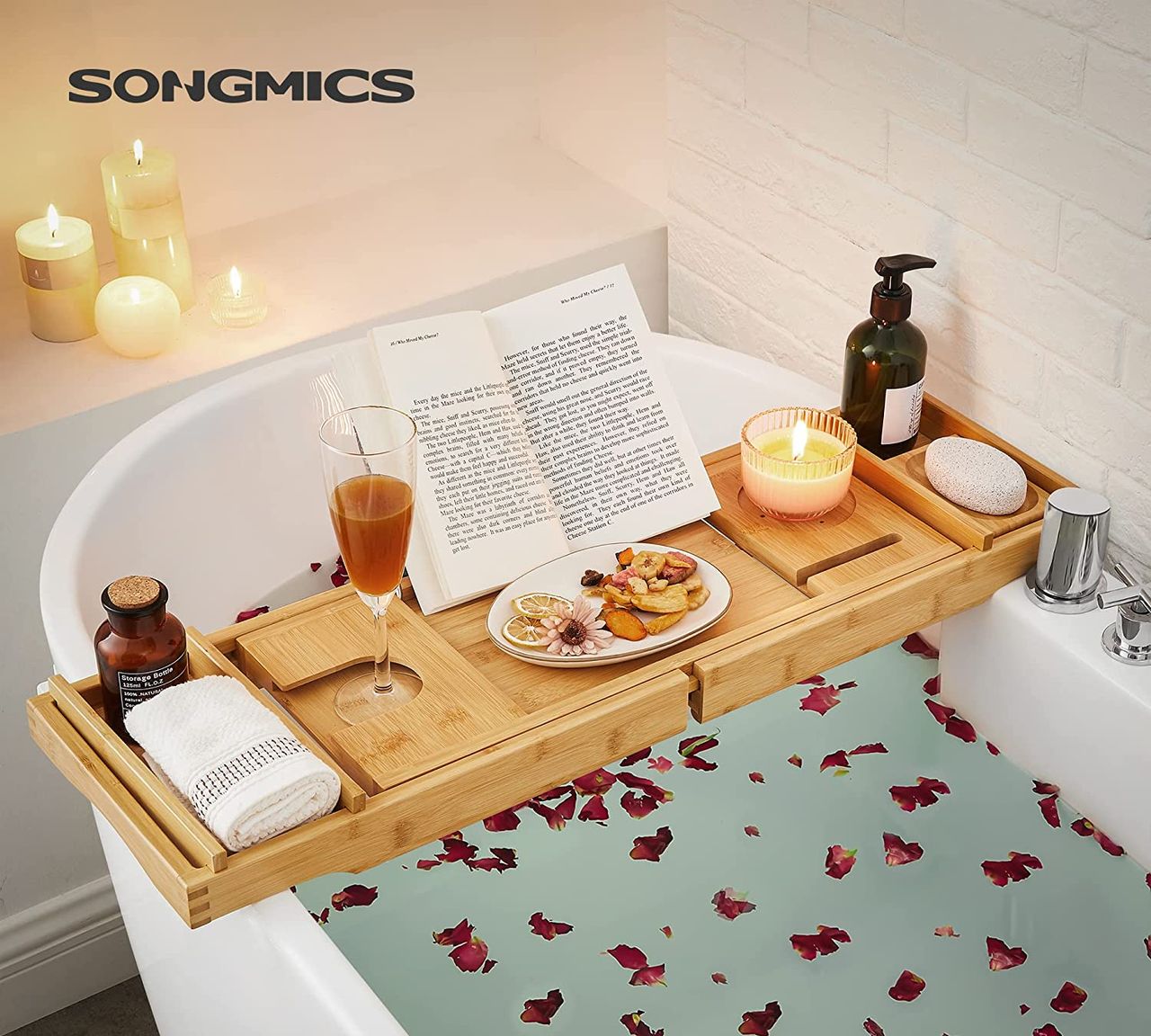 Songmics Badewannenablage aus Bambus, naturfarben