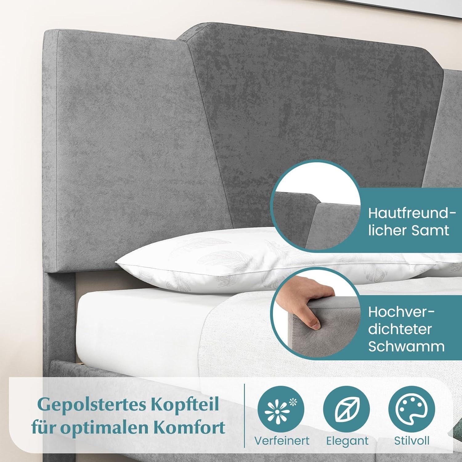 KOMFOTTEU Holzbett Doppelbett, mit Lattenrost, Kopfteil & Stauraum, 140x200 cm