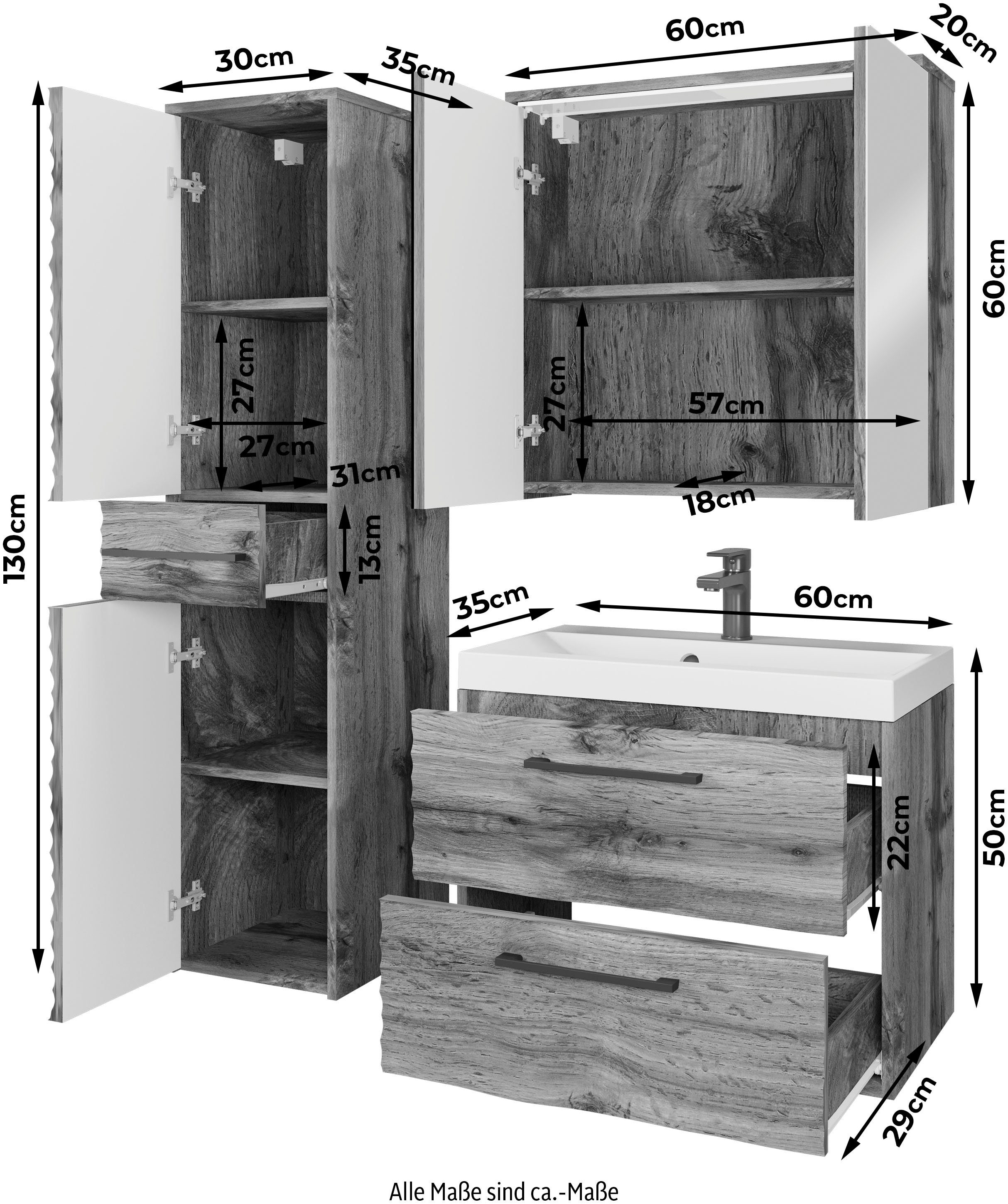 welltime Badmöbel-Set Canada, (Komplett-Set, 3-St., Fronten mit Wellenstruktur), Badmöbel mit Soft-Close, Spiegelschrank, Waschtisch mit Becken