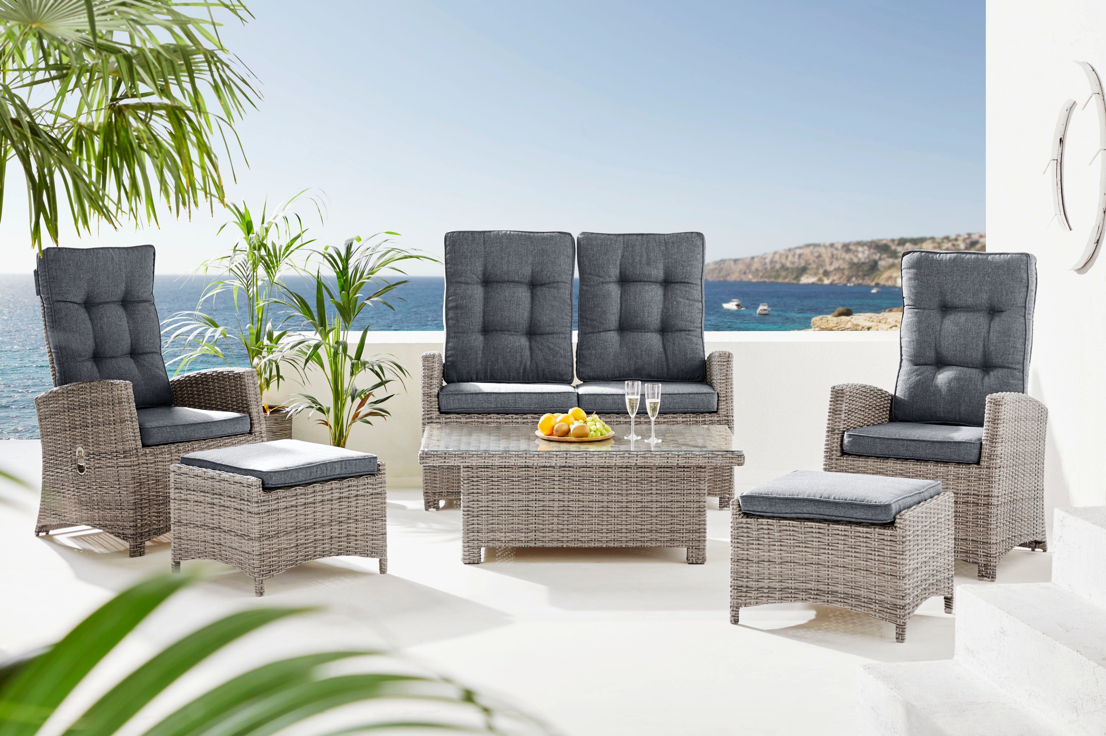 KONIFERA Gartenlounge-Set Monaco, (Set, 16-tlg., inkl. Auflagen, Alu, Polyrattan), höhenverstellbarer Tisch 43,5 - 66,5 cm