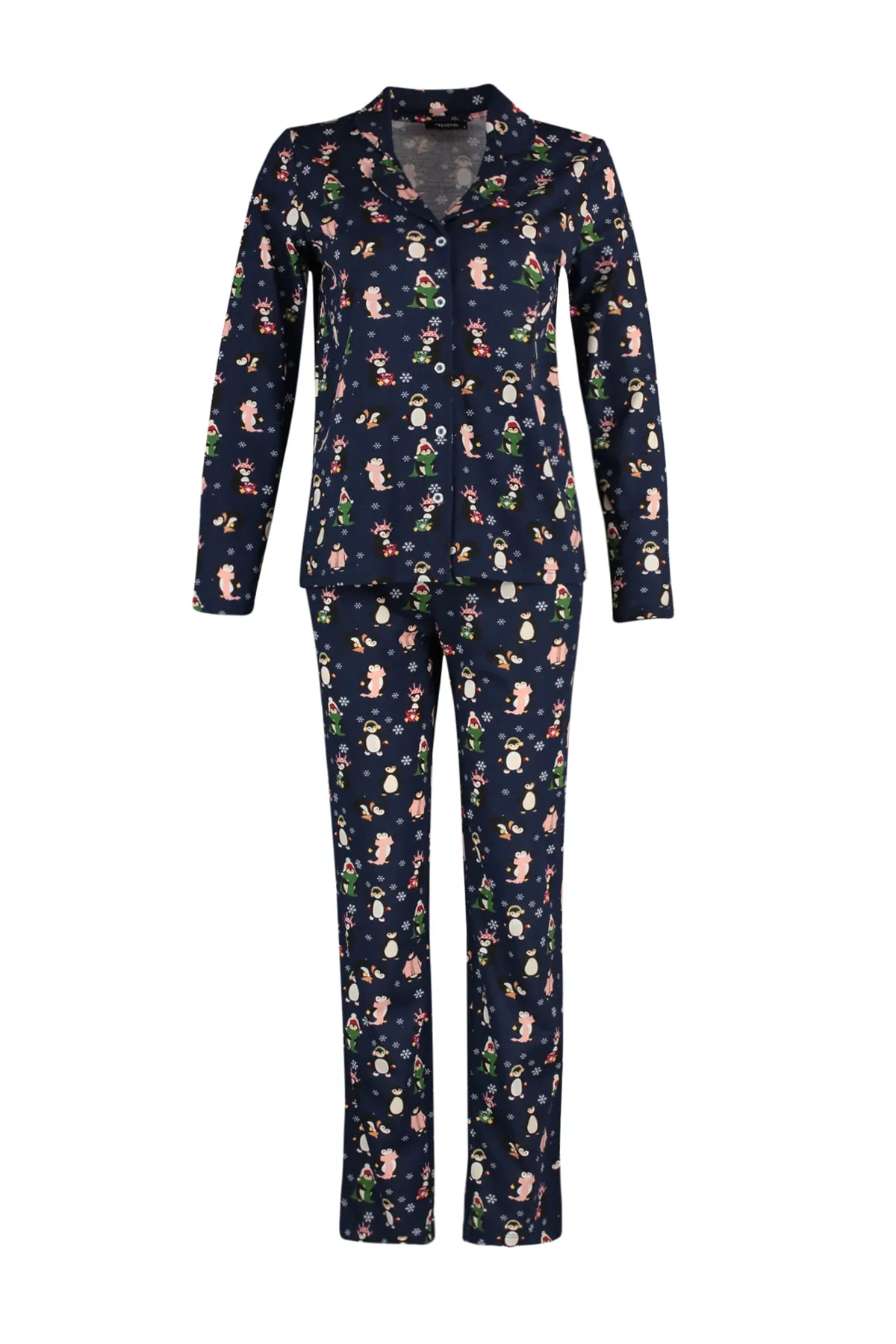 Trendyol Collection  Marineblaues Winter-Pyjama-Set aus 100 % Baumwolle mit Pinguin-Muster THMAW23PT00150