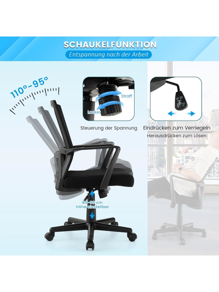 COSTWAY Bürostuhl mit Lordosenstütze in Schwarz günstig kaufen onesize