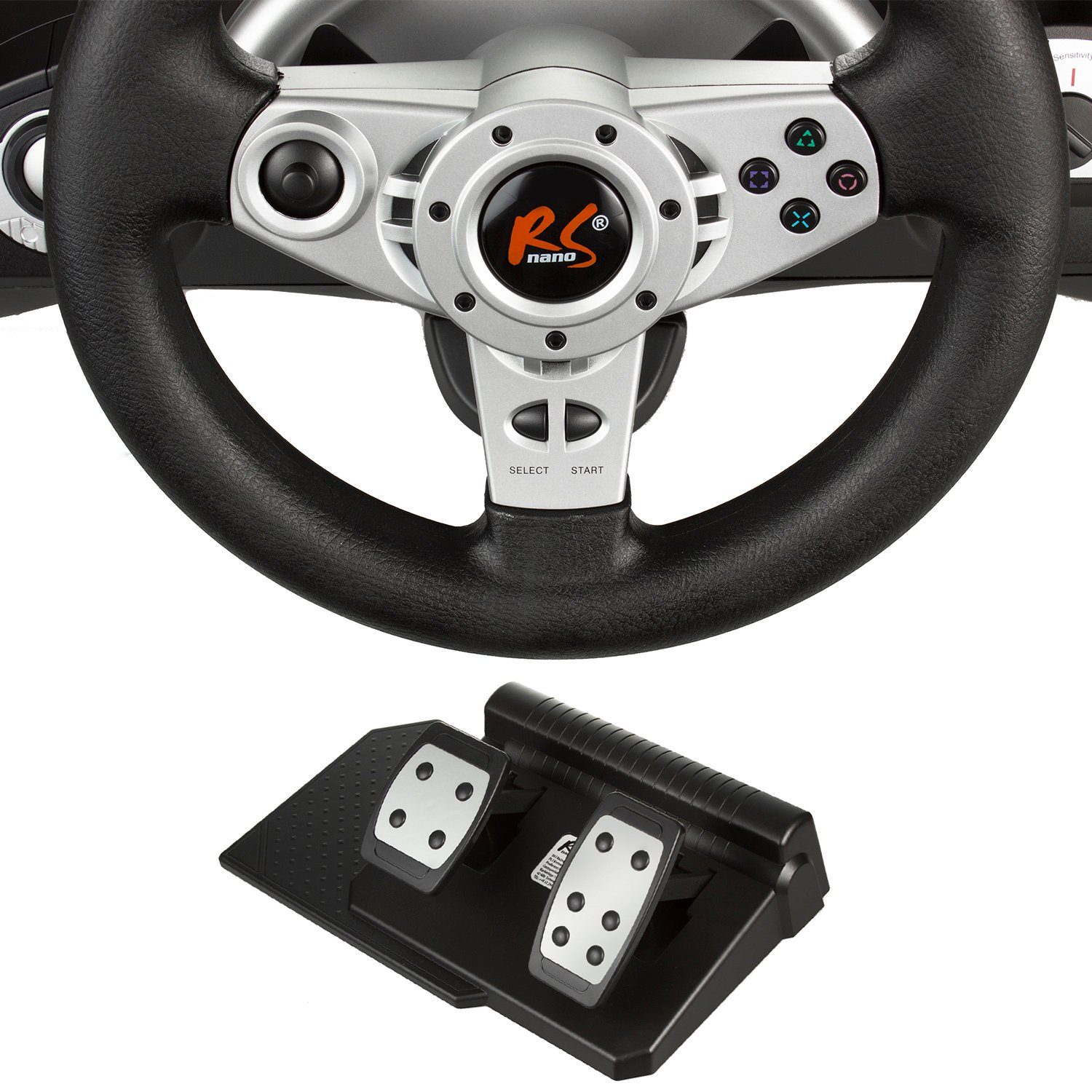 NanoRS RS700 Gaming-Lenkrad (inkl. Handschaltung u. Pedalen, Kompatibilität; Vibrations-Funktion; einstellbare Empfindlichkeit)
