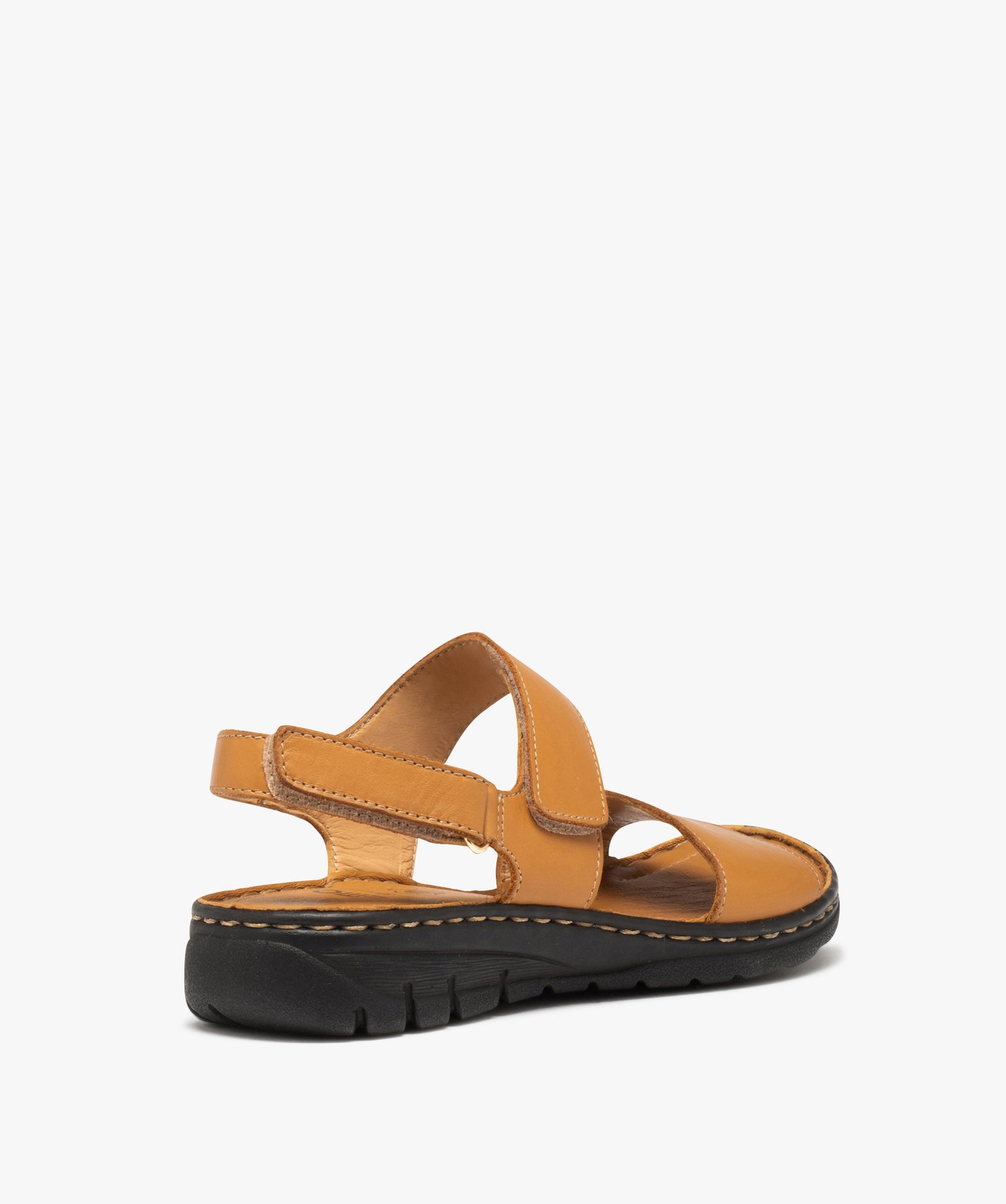 Sandales femme confort à brides scratch en cuir uni marron | GEMO