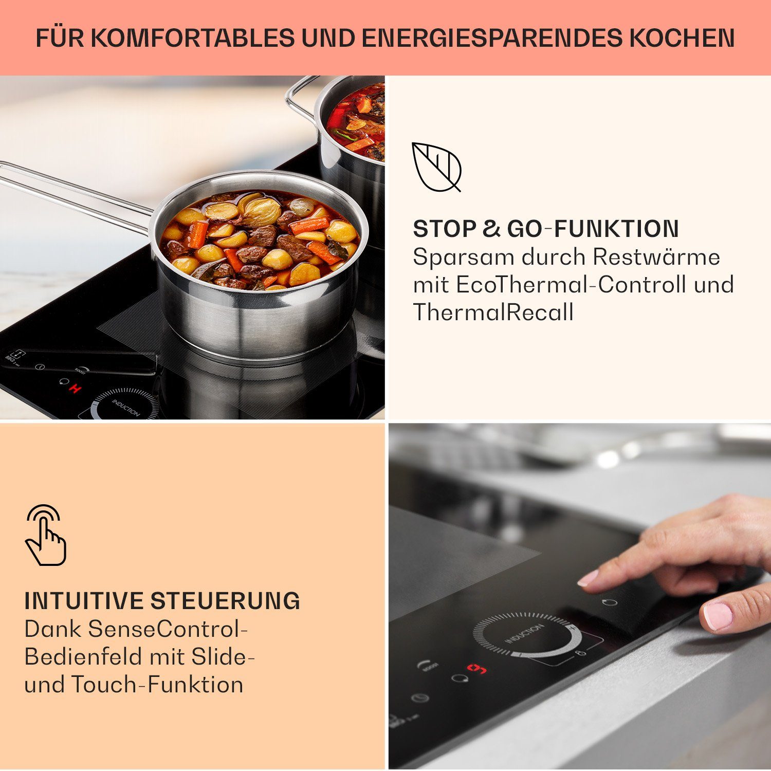 Klarstein Induktions-Kochfeld Delicatessa Slim Domino Induktionskochfeld 3500W Timer schwarz CP4-Delicatessa-Slim, Einbau Induktionsherd 2 Kochfelder Platten Elektro Einbaukochfeld