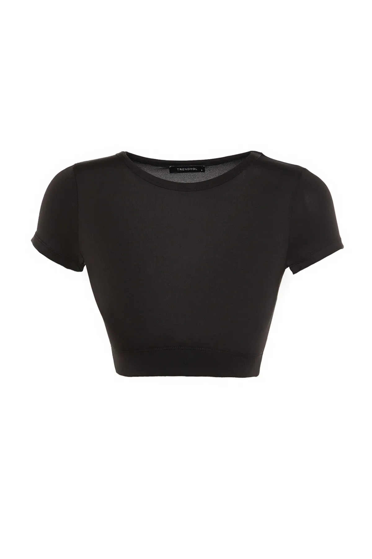 Trendyol Collection  Schwarzes Crop-Strick-Sportoberteil/Bluse mit leichtem Halt und weicher Textur und Rundhalsausschnitt TWOAW21BZ0158