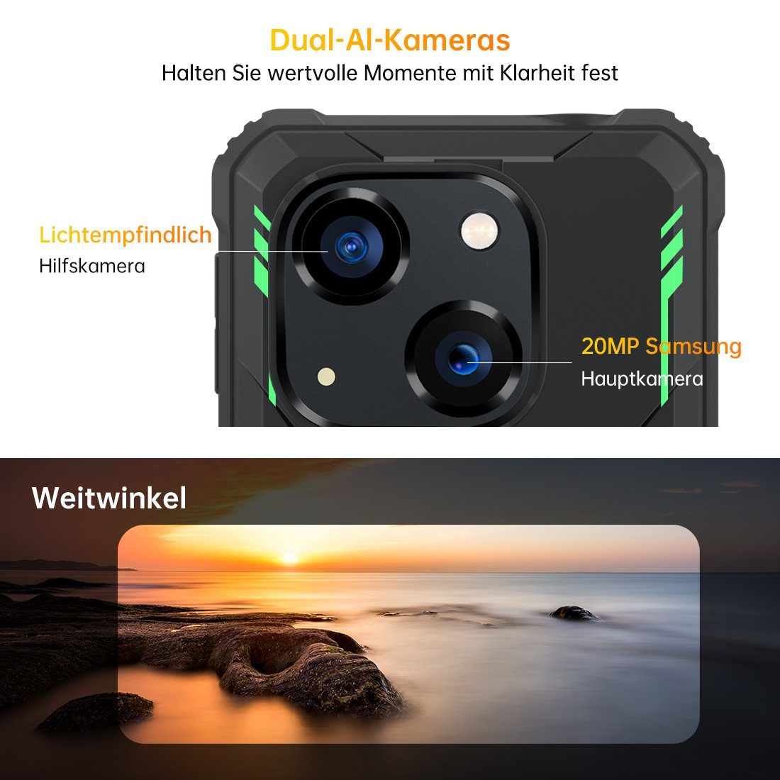 OUKITEL WP 20 pro, [Außentelefon], 6300 mAh, 4GB RAM+64GB ROM Smartphone (5,93 Zoll, 64 GB Speicherplatz, 20 MP MP Kamera, wasserdicht, staubdicht, sturzsicher, 20MP Samsung Hauptkamera)