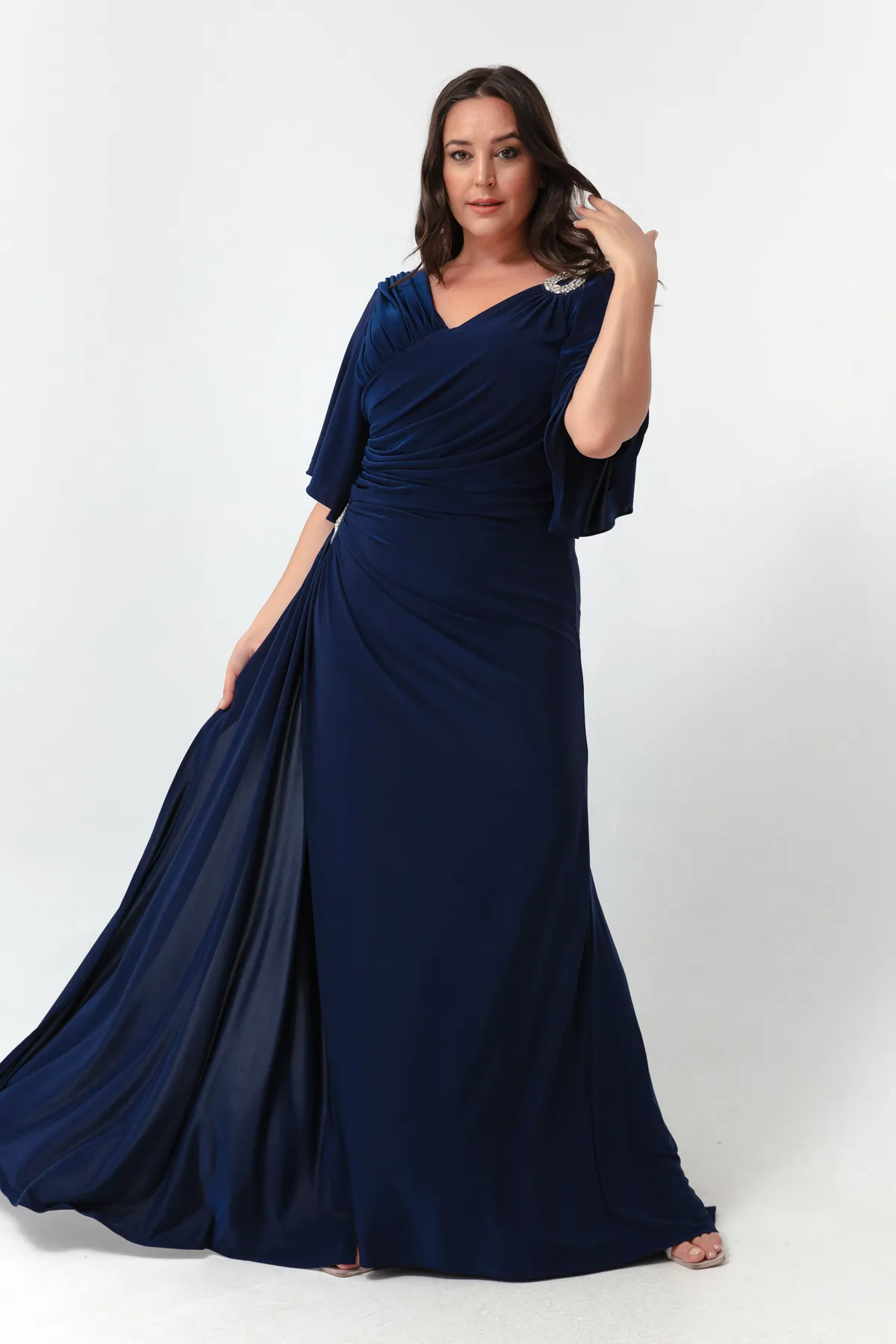 Lafaba  Damen-Abendkleid in Marineblau mit kurzen Ärmeln und Schlitz in Übergröße