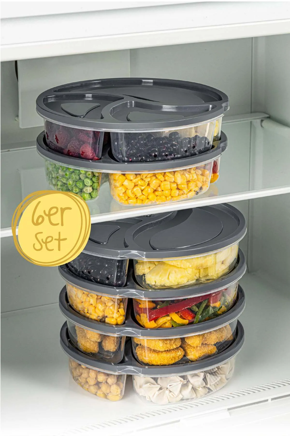 Viwares  VİWARES 6 STÜCK 3 FACH 1,2 LT RUNDE AUFBEWAHRUNGSBOX ANTHRAZIT