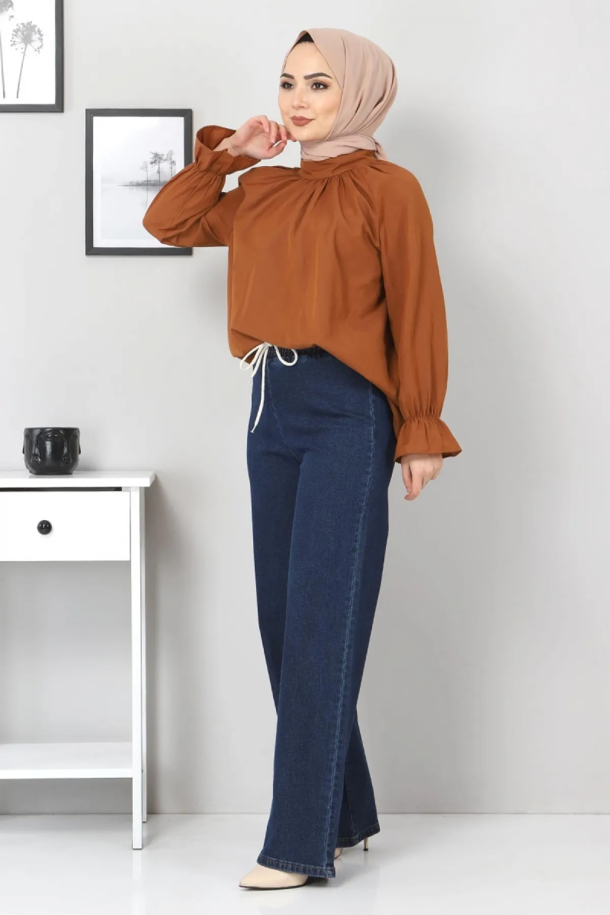 Tesettür Dünyası  Jeanshose mit weitem Bein und elastischer Taille Tsd22045 Dunkelblau