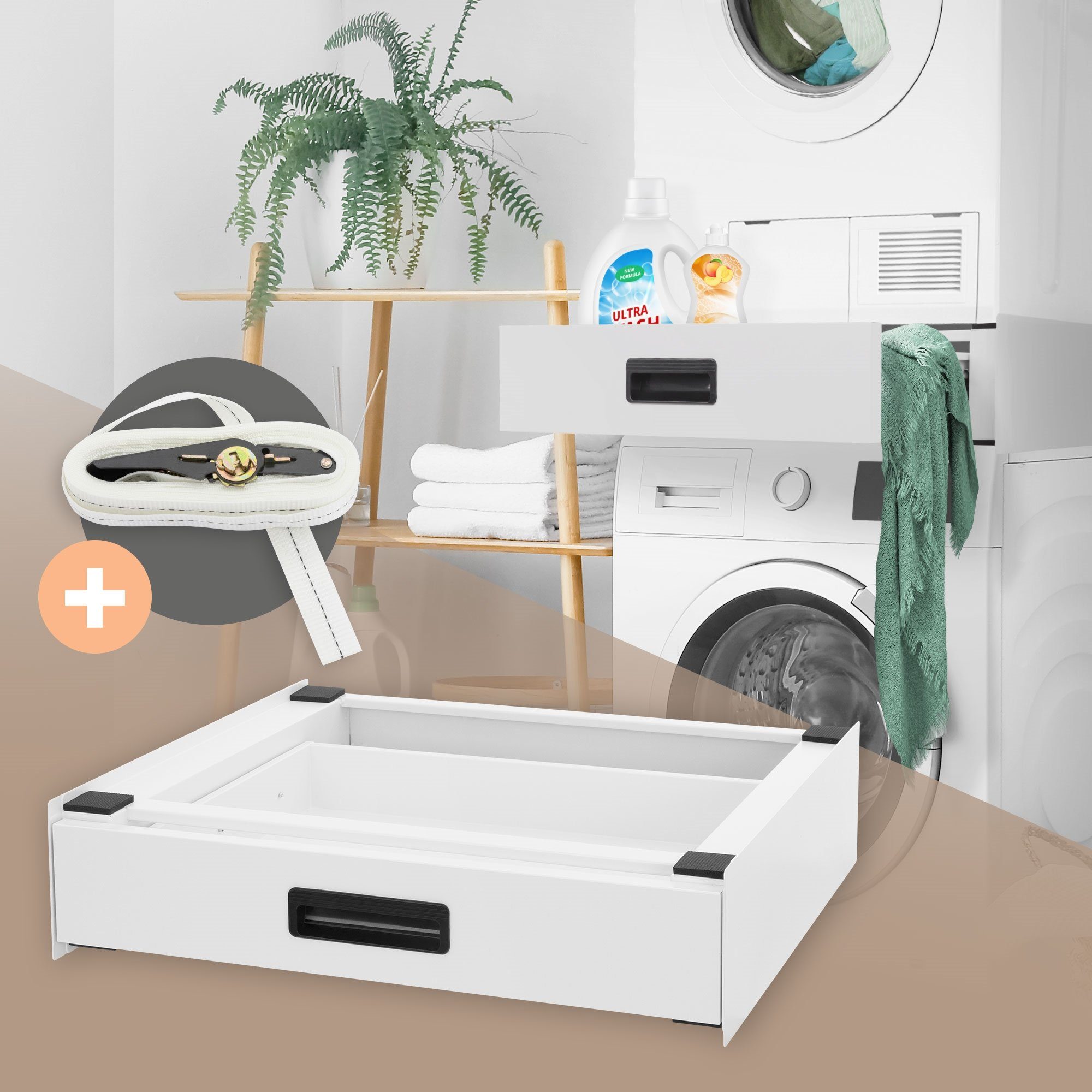ML-DESIGN Waschmaschinenuntergestell Verbindungsrahmen Waschmaschine und Trockner Zwischenbausatz, Schublade Stahl 60x55cm Weiß rutschfest Universal