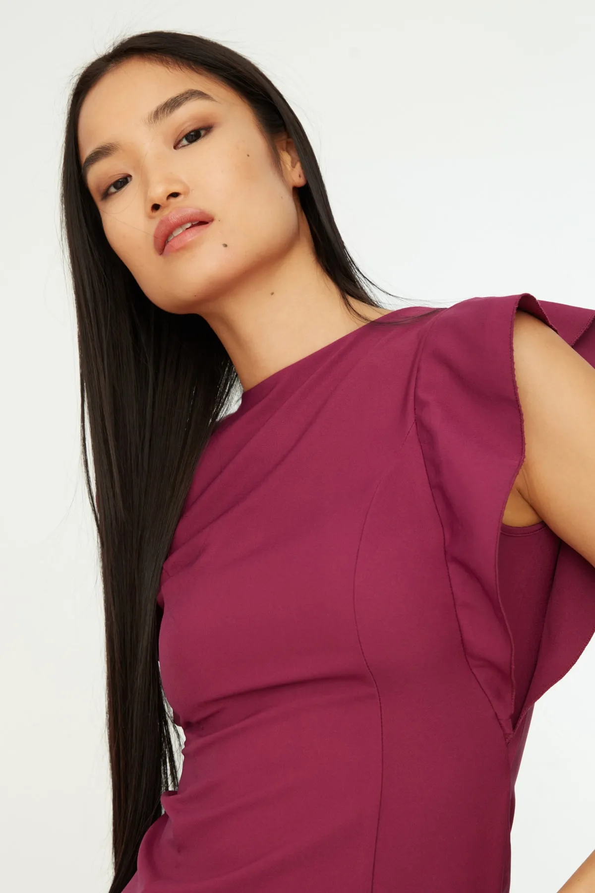 Trendyol Collection  Lila Mini-Kleid mit gewebten Rüschen und detailliertem Webmuster TWOSS19XB0075