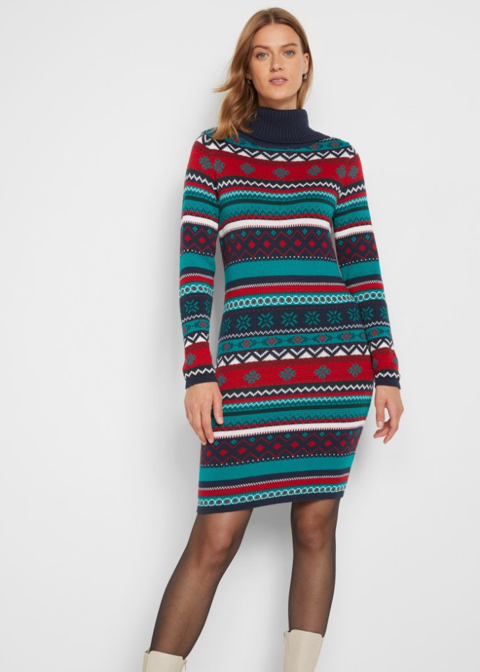 Jacquard-Strickkleid mit Schalkragen